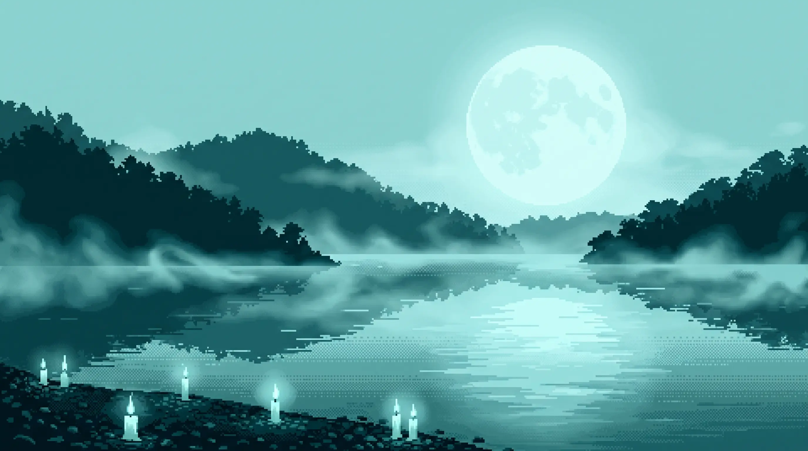 Ilustración pixel-art en tonos teal de una noche mística sobre el lago de Catemaco, con luna y velas