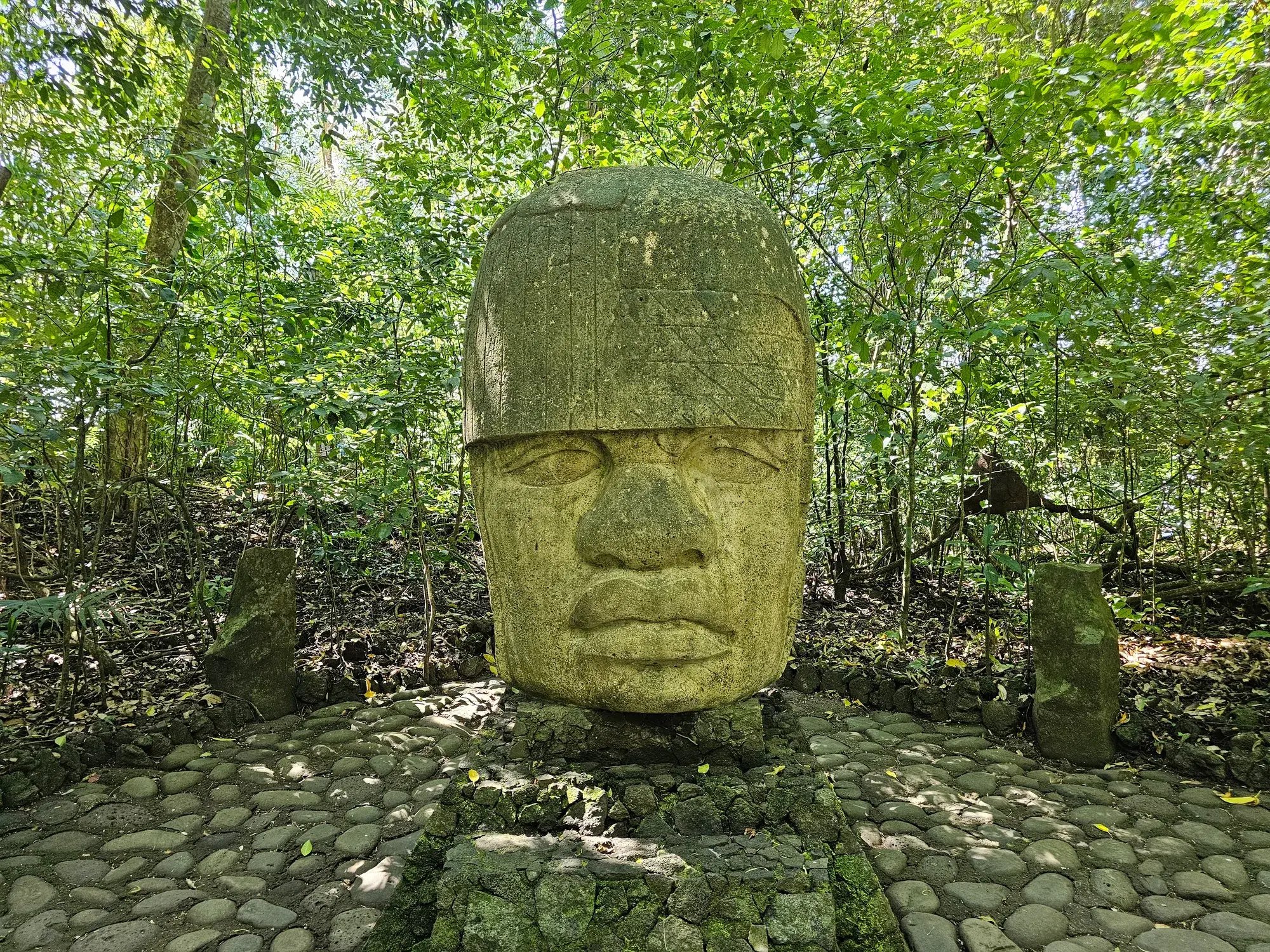 Réplica de una cabeza colosal olmeca entre la selva de la reserva de Nanciyaga, junto al Lago de Catemaco, Veracruz