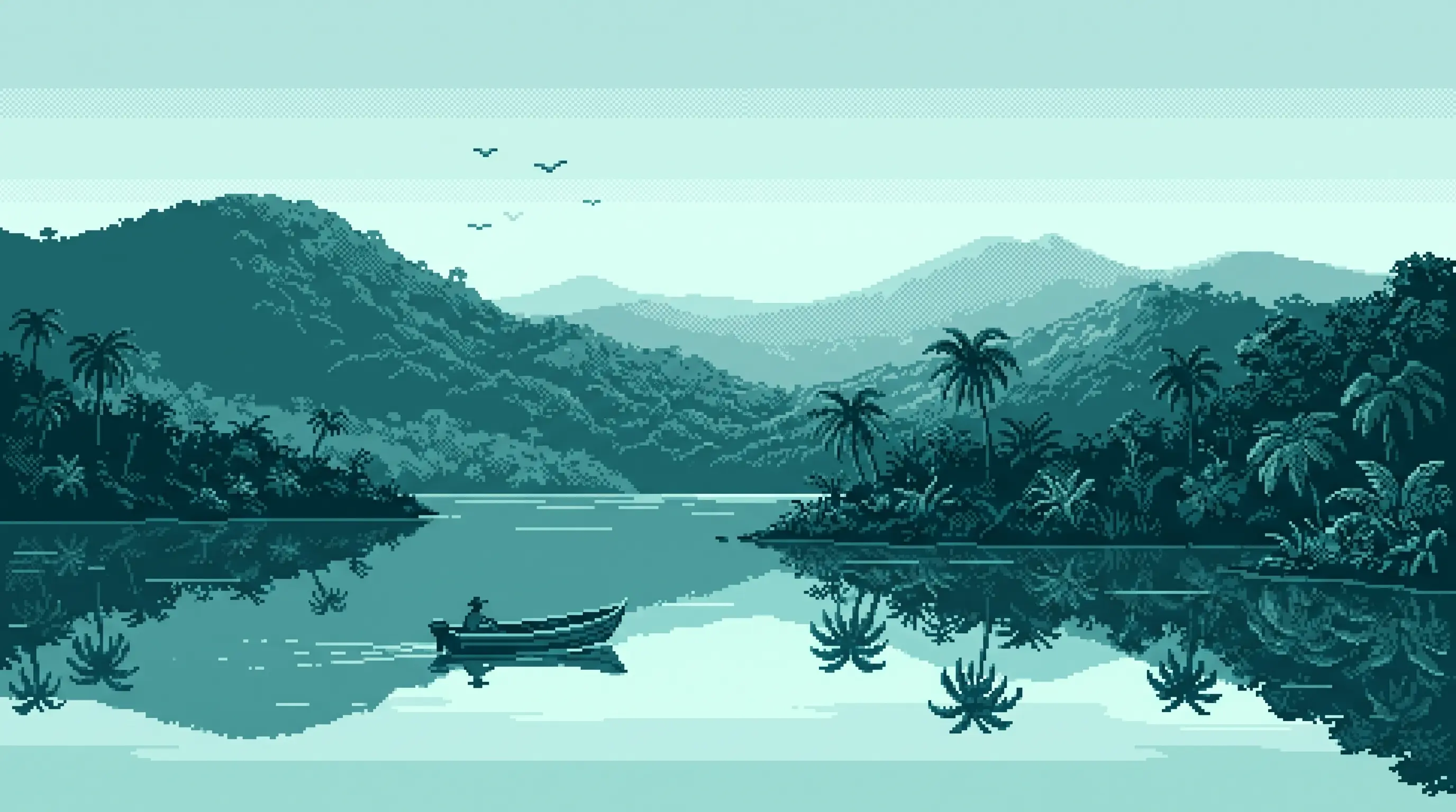 Ilustración pixel-art en tonos teal del lago de Catemaco, Veracruz, con una lancha y la selva de Los Tuxtlas al fondo