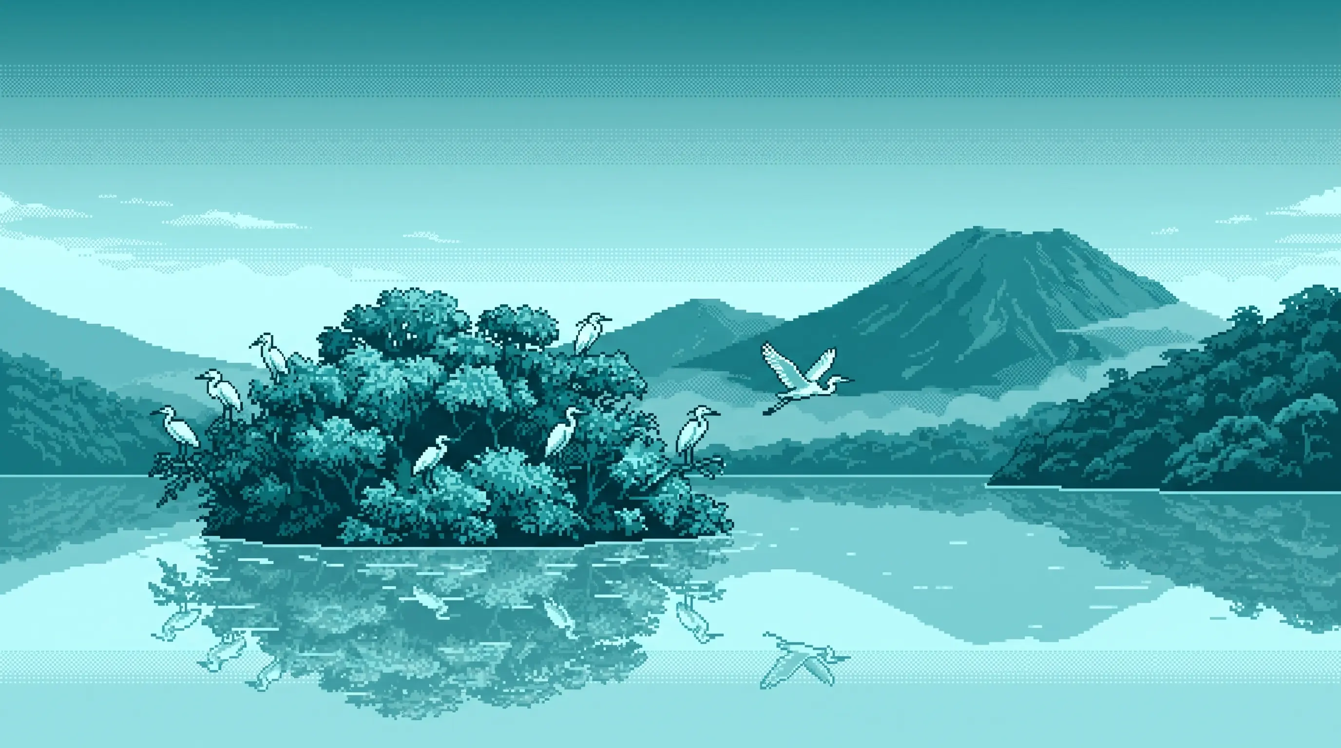 Ilustración pixel-art en tonos teal de una isla selvática en el lago de Catemaco con garzas y montañas al fondo