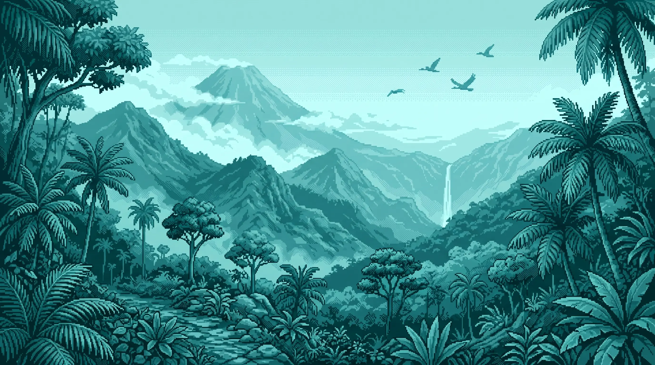 Ilustración pixel-art en tonos teal de la sierra volcánica y la selva de Los Tuxtlas, Veracruz