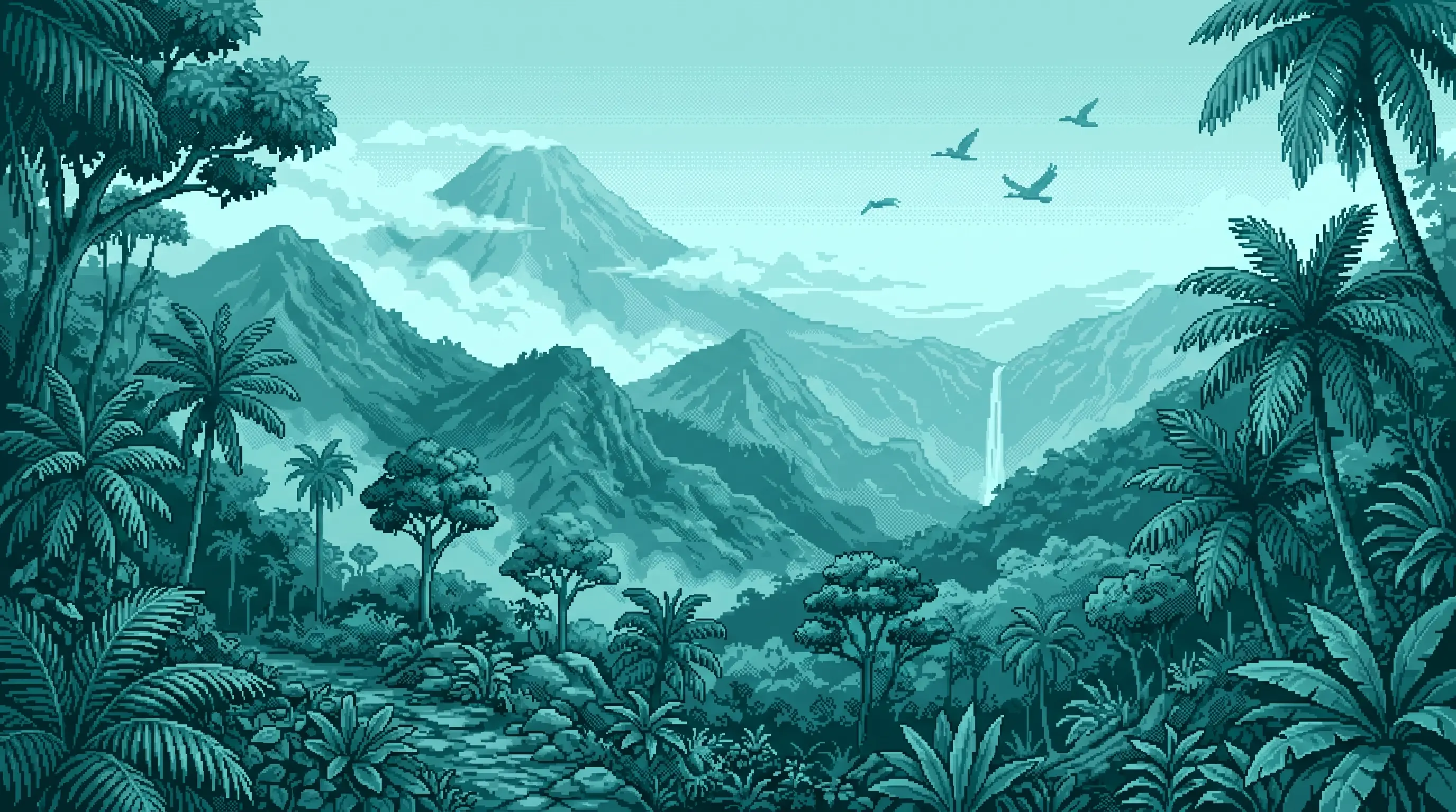 Ilustración pixel-art en tonos teal de la sierra volcánica y la selva de Los Tuxtlas, Veracruz