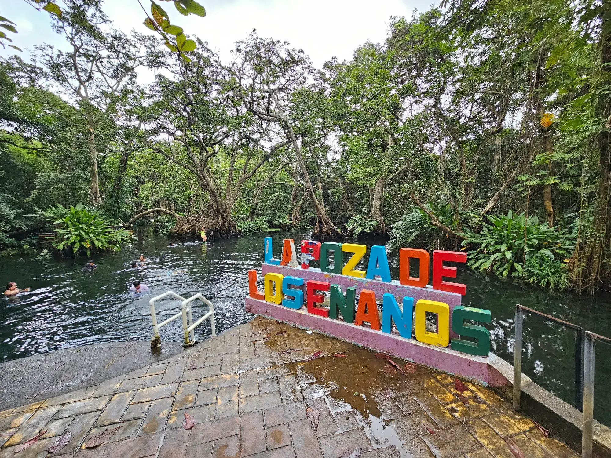 Letras coloridas de La Poza de los Enanos junto al agua cristalina, con visitantes nadando entre el manglar de Sontecomapan, Veracruz