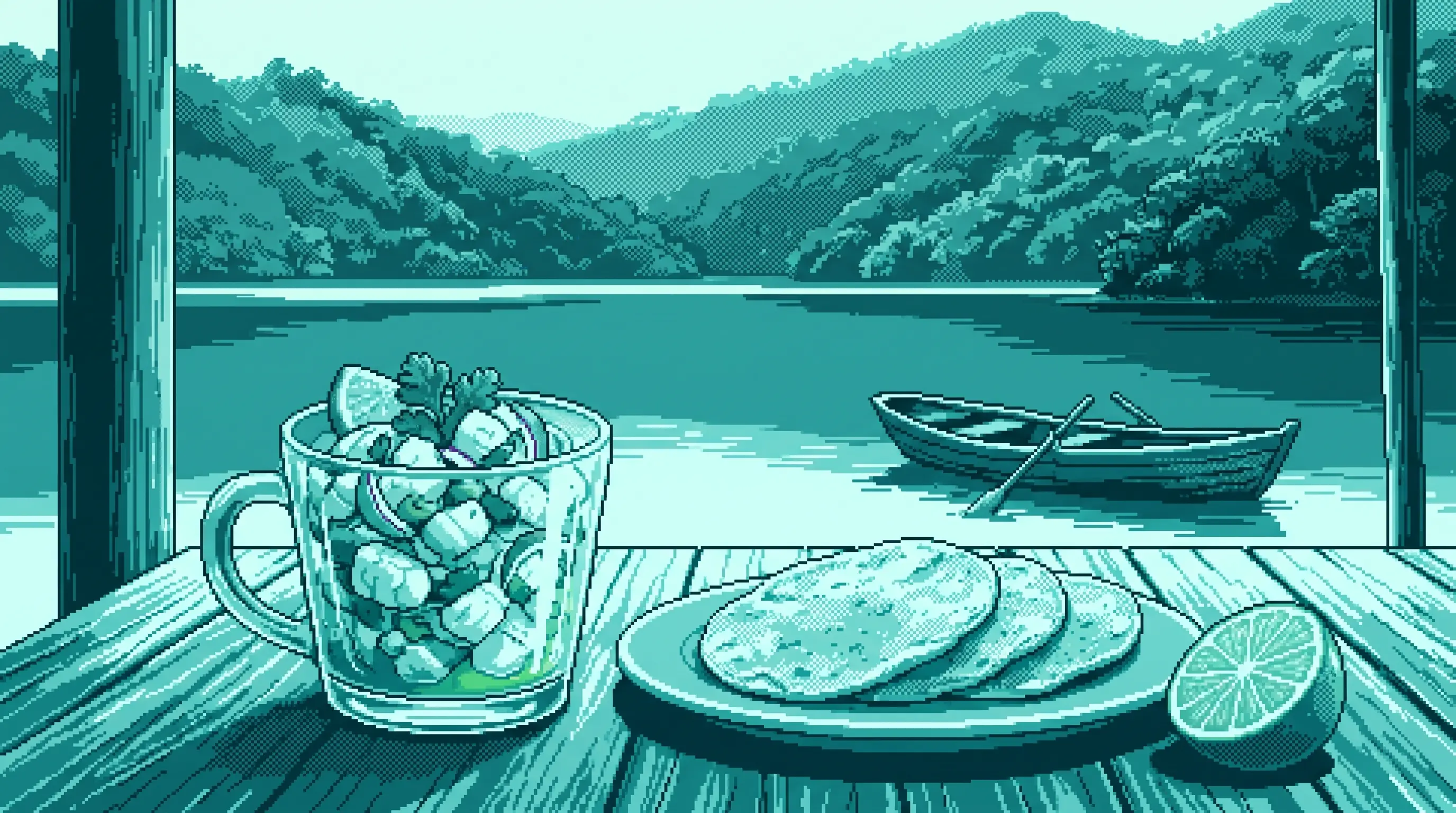 Ilustración pixel-art en tonos teal de una mesa junto al lago de Catemaco con un coctel y tostadas, y una lancha al fondo