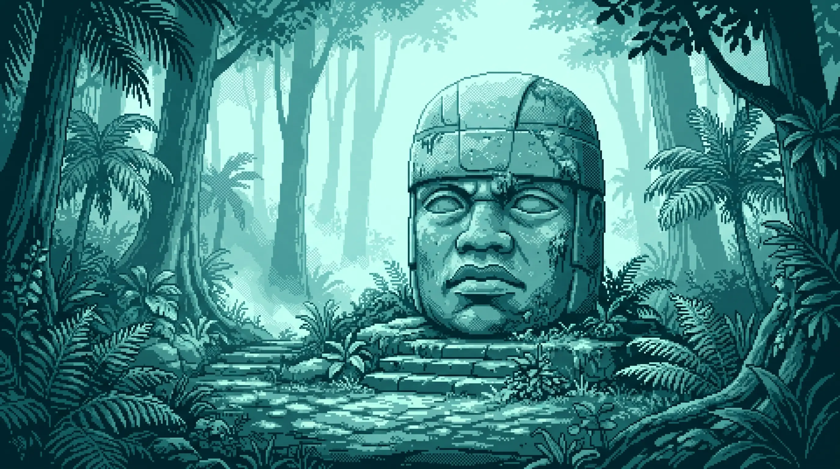 Ilustración pixel-art en tonos teal de una cabeza colosal olmeca en un claro de la selva de Los Tuxtlas