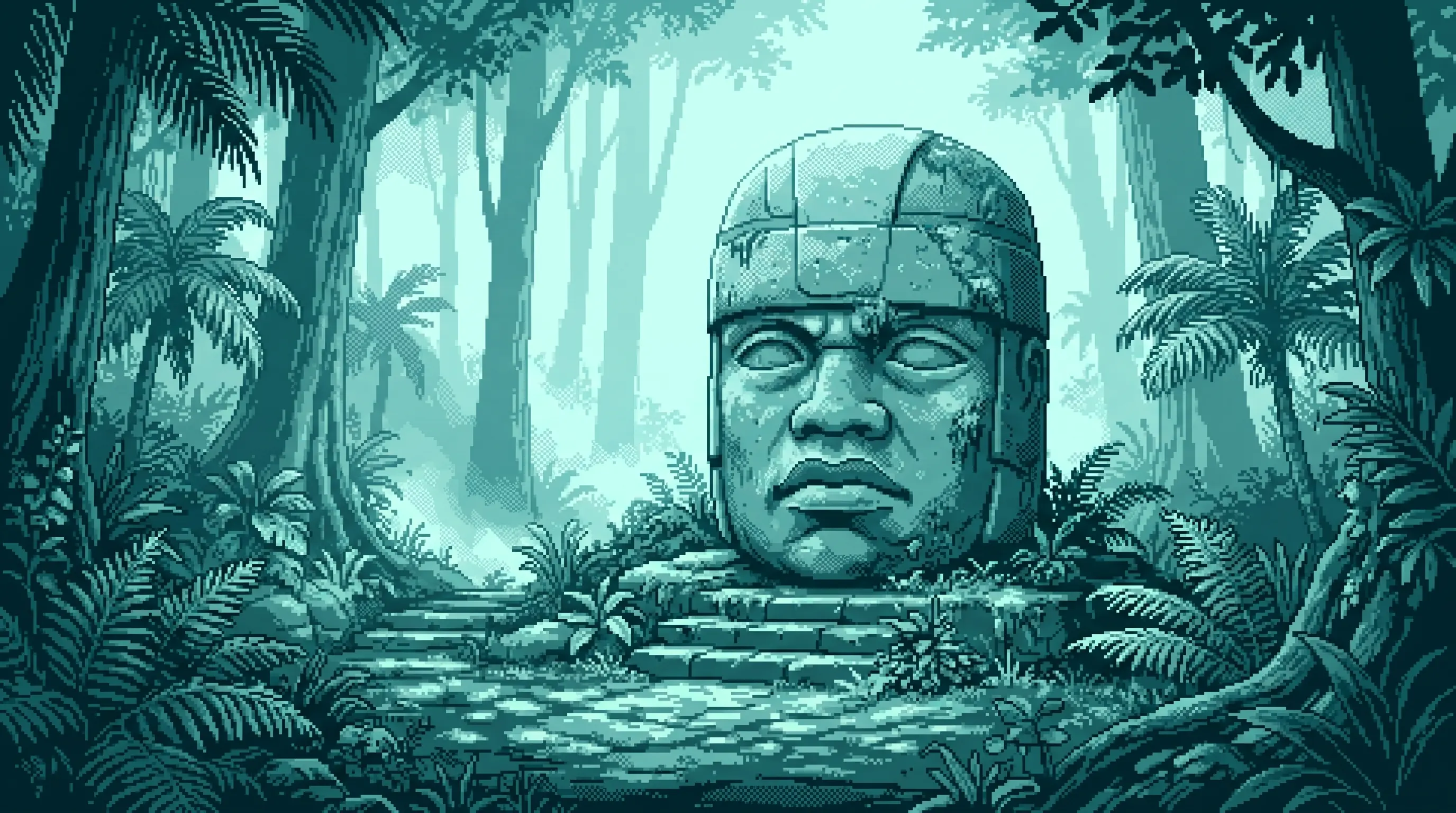 Ilustración pixel-art en tonos teal de una cabeza colosal olmeca en un claro de la selva de Los Tuxtlas